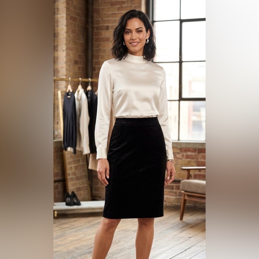 Chelsea Cambell Velvet Pencil Skirt Size 6P Black Midi Women's Dark Academia - Picture 2 of 6